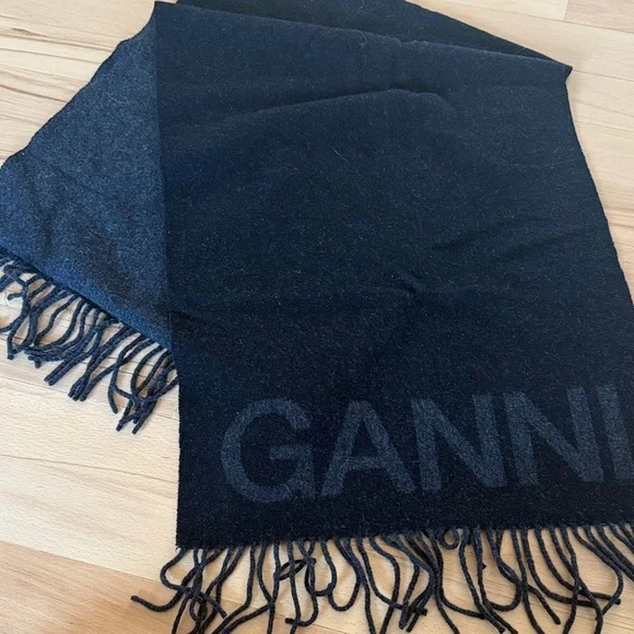 Ganni Charcoal and Black Logo Scarf - Picture 1 of 1